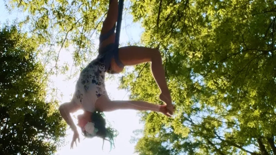 Aerialist on aerial silks hanging upside down beneath green trees