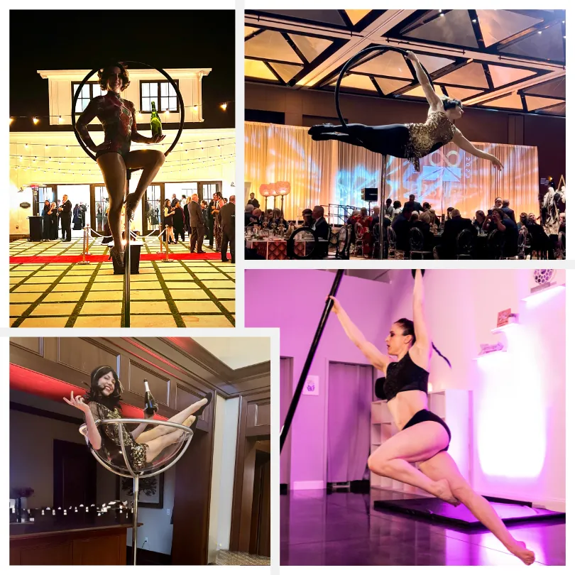 Aerial acrobatics: lyra hoop performer at a gala, aerialist above a ballroom and a pole performer under pink light