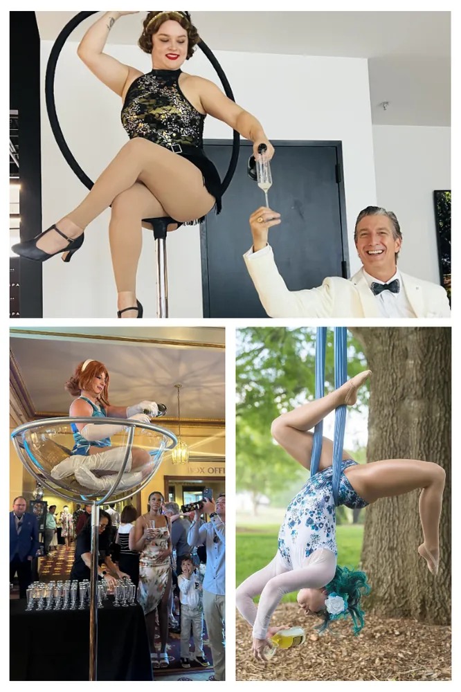 Aerial bartending: performers serving drinks to guests from a lyra hoop and aerial sling