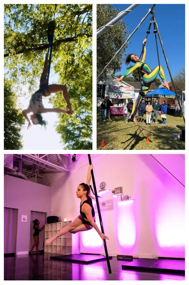 Aerial sling performers in a tree, on a freestanding rig and in a ballroom with pink lighting