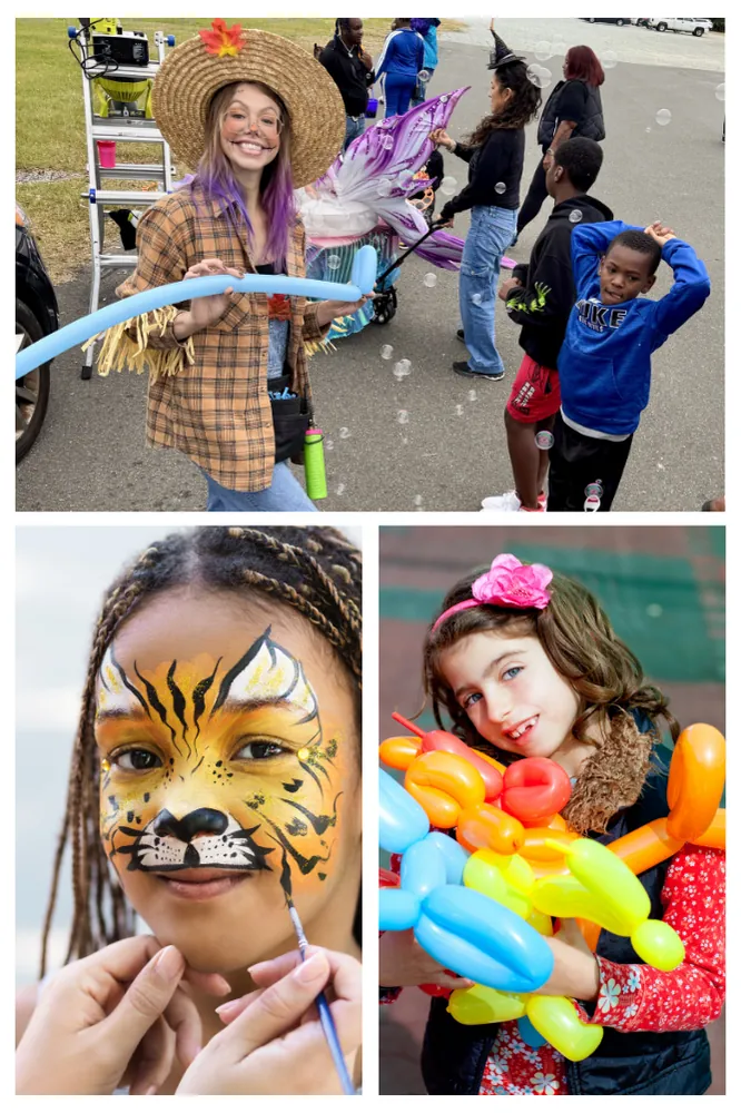 Balloon artist on stilts, tiger face painting and a balloon flower for a child