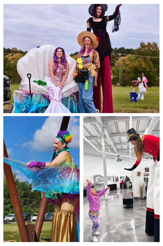 Kids Zone stilt walkers with children, a seashell photo spot and hula hoops