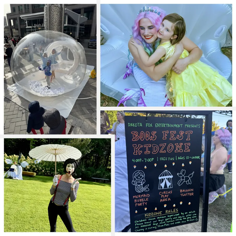 Kids Zone at a festival: bubble ball, princess character, mime and Kids Zone schedule sign