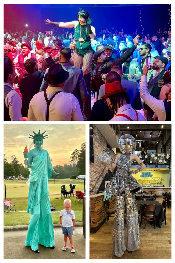 Stilt walkers at a nightclub party, as the Statue of Liberty and in a silver costume