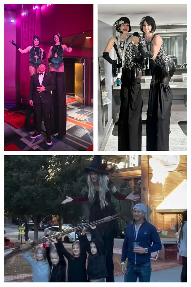 Stilt walkers in themed costumes at a cabaret party and a Halloween event