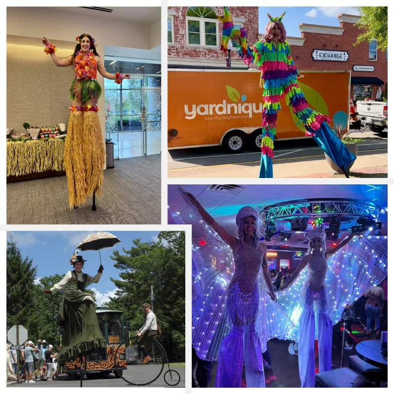 Stilt walkers in a tropical costume, a pinata costume, Victorian dress with a parasol and light up wings