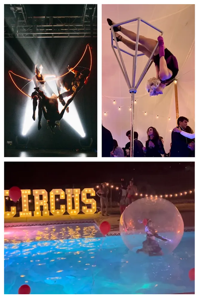 Unique aerial apparatus: performers on a cube frame and in a giant bubble in a pool