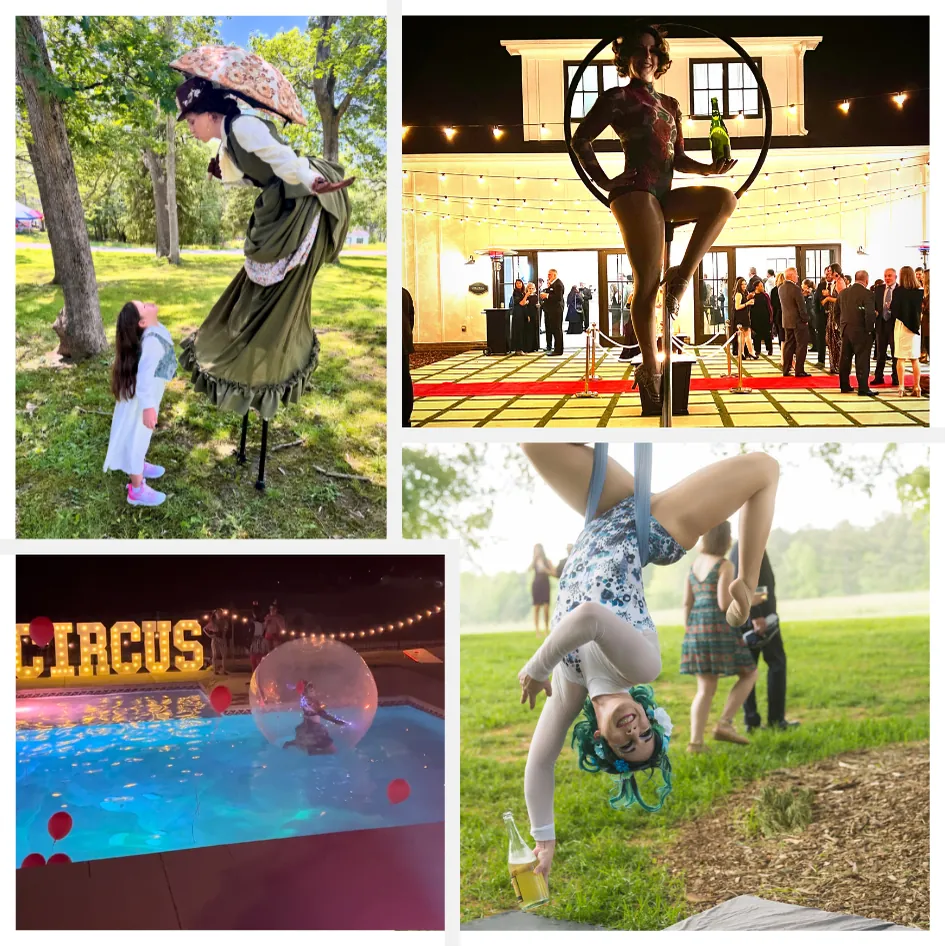 Circus acts: stilt walker with a child, aerial hoop at a gala, performer in a giant bubble in a pool and an outdoor aerialist