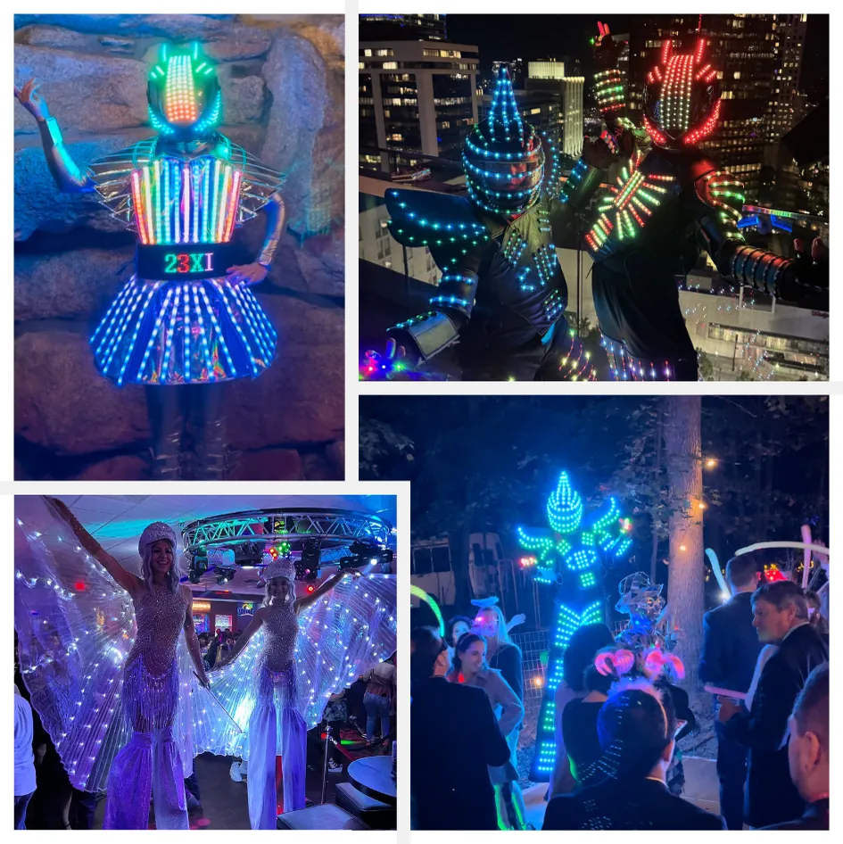 LED acts: LED robot stilt walkers, an illuminated dress and light up wings at night events