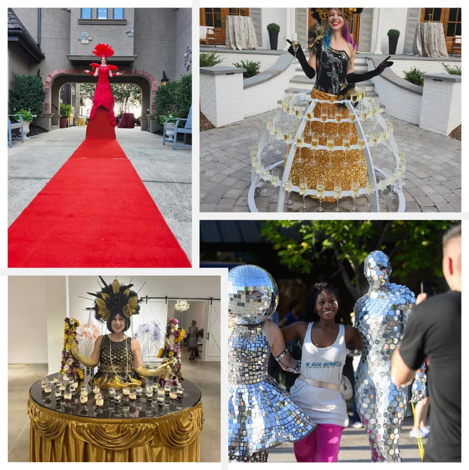 Specialty acts: living red carpet, champagne dress, feathered headdress performer and mirror people