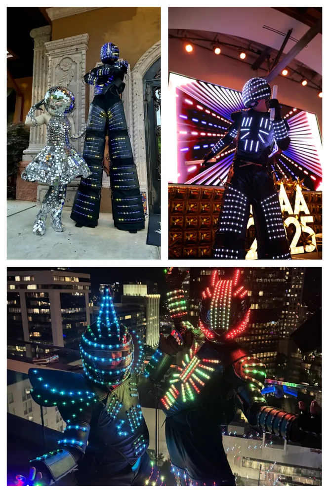 LED party robot stilt walkers in mirror and light up costumes