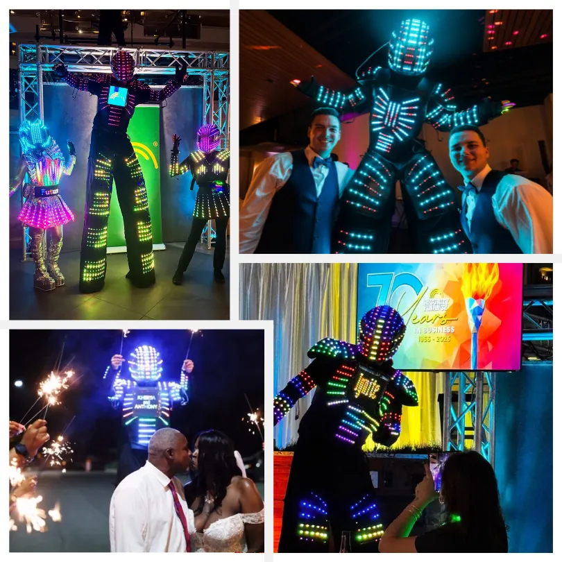 LED party robot stilt walker with sparklers and guests on the dance floor