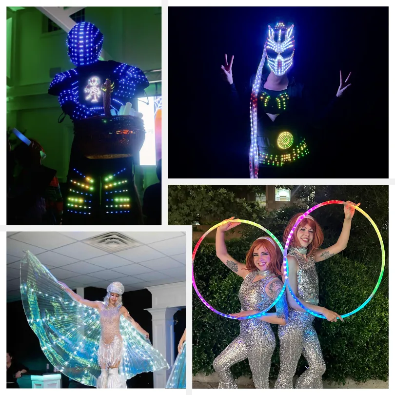 LED robot costume, light up face mask, LED wings and glowing hula hoops