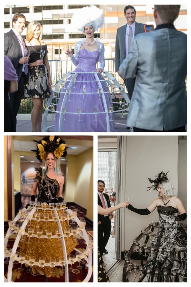 Champagne dress performers serving guests drinks from the hoop skirt
