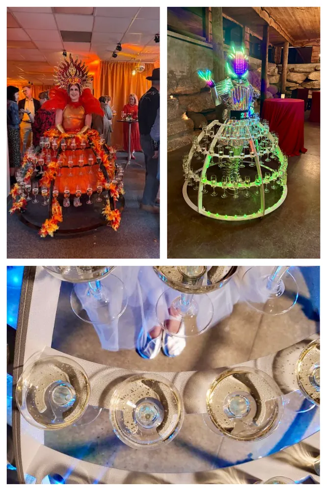 Light up beverage dress and a colorful champagne skirt holding glasses