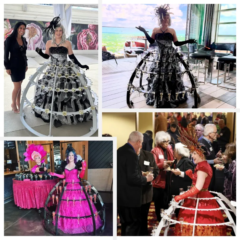 Beverage dress servers in champagne hoop skirts at weddings and galas