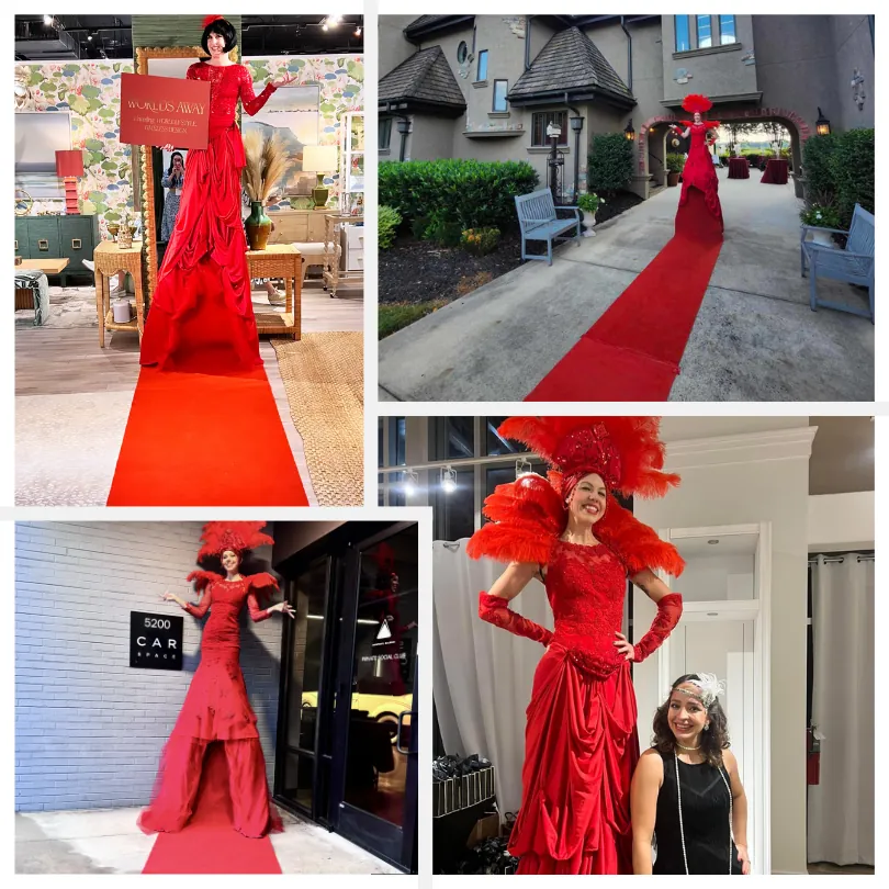 Living red carpet stilt performer in a red gown that becomes the event carpet