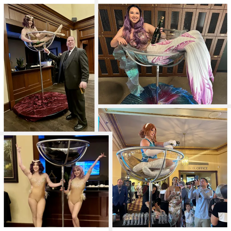 Performers in a giant martini glass posing with guests at events