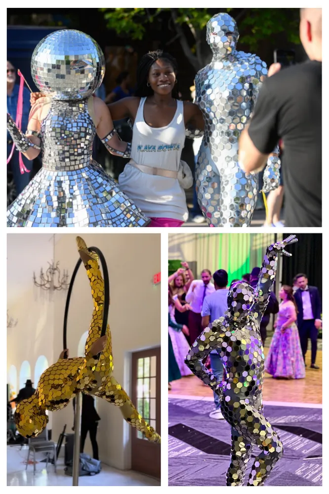 Mirror performers in disco ball costumes with guests, plus gold sequin and mirror dancers
