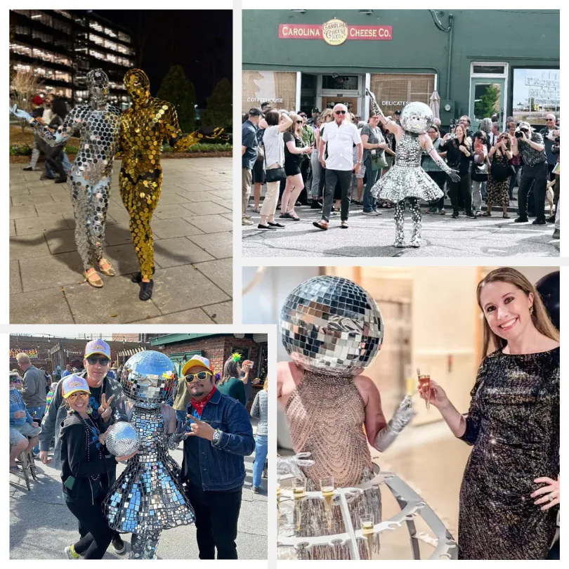 Mirror people in disco ball costumes at a street festival and a party