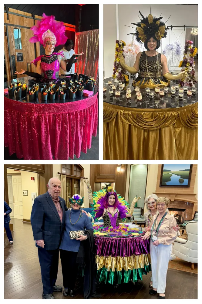 Strolling table performers serving champagne in feathered costumes at parties
